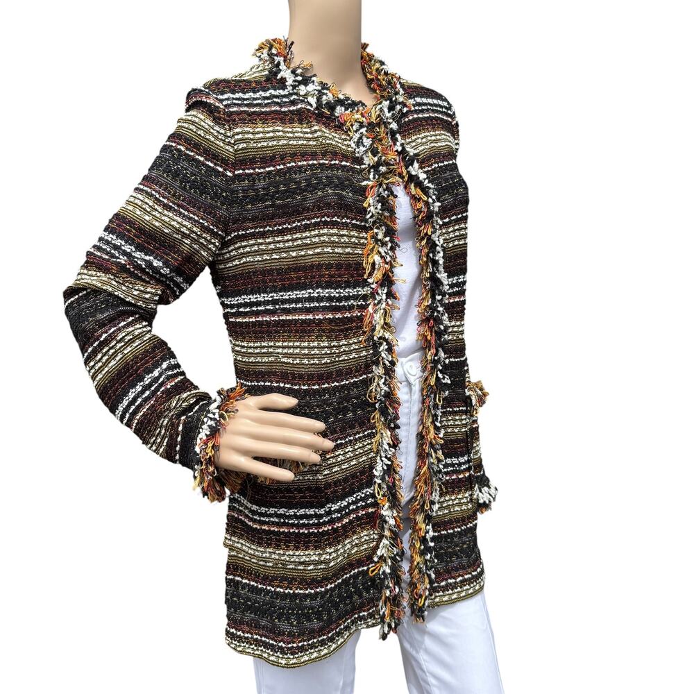 St John Collection Orange Striped Tweed Fringe Knit Long Cardigan Jacket Coat 4